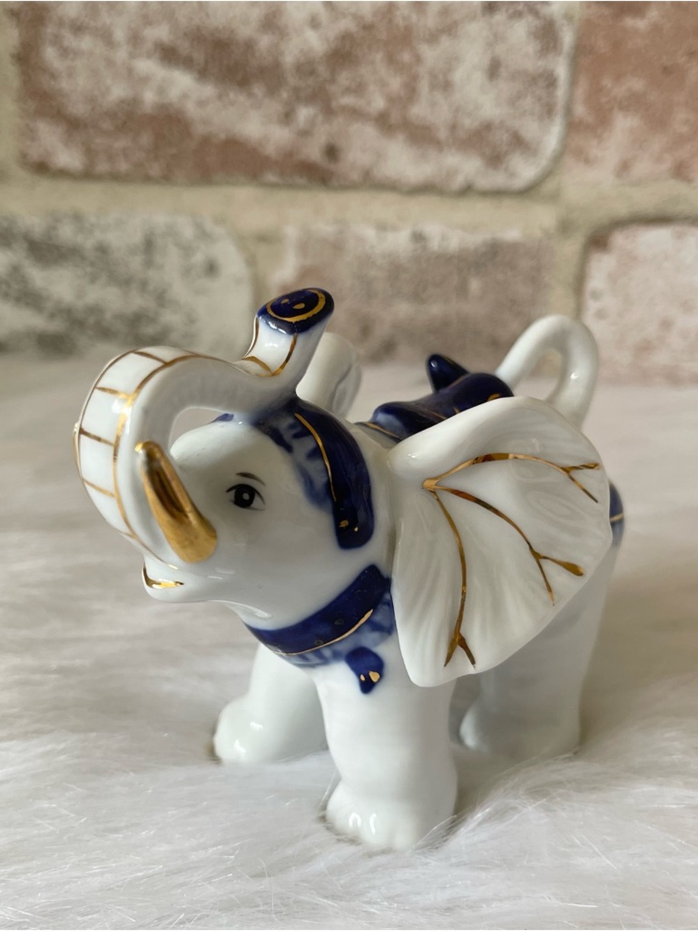 Rare Porcelain Elephant Figurine in White, Cobalt and Gold Trim